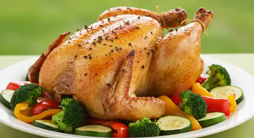 feat Kinder’s Roasted Chicken with Vegetables.